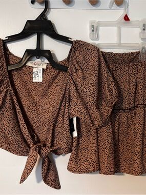 audrey Brown with Black Dot Tie-Front Crop Top & Matching Skirt Set